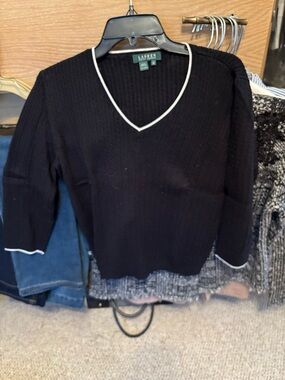 Lauren Ralph Lauren Baby Cable Knit Black V-Neck Sweater with Ivory Trim